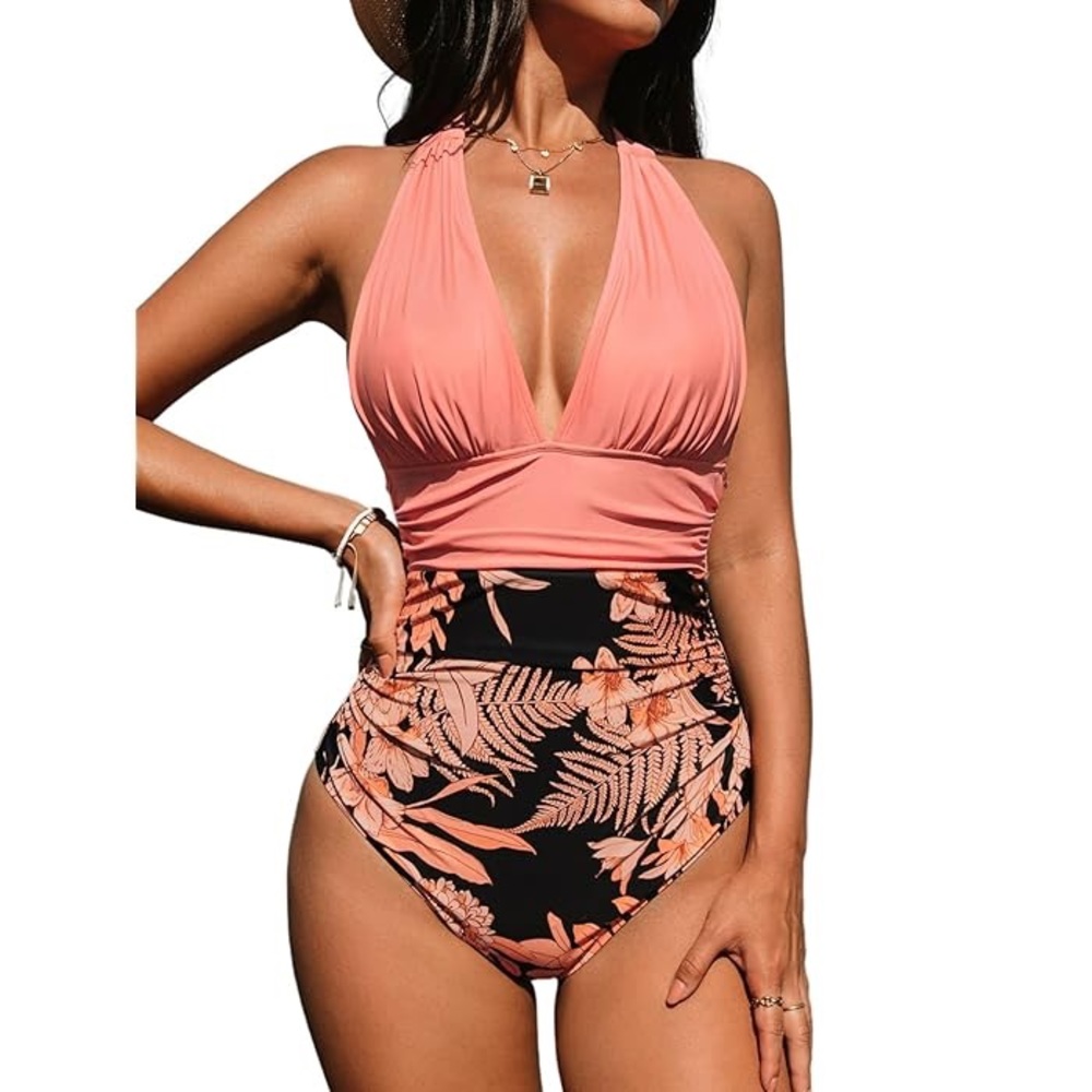 Cupshe, Life on the Beach One Piece High Waist Halter Swimsuit. Removable pads